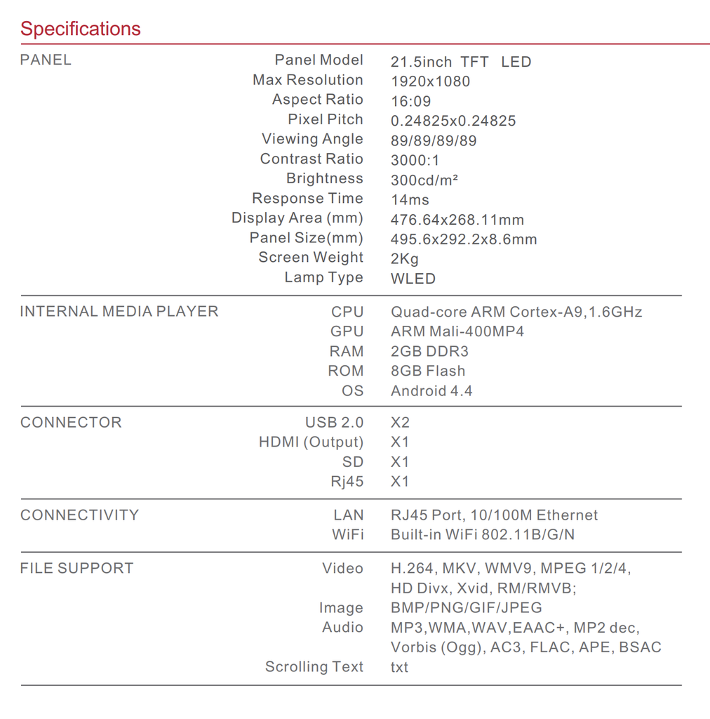 21.5inch Android Display - Touch - Counter Model