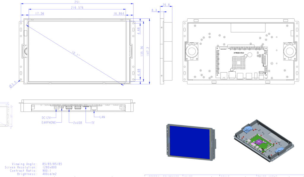 OPEN PLASTIC FRAME ANDROID DIPSLAY - without Touch and without glass cover 1280x720