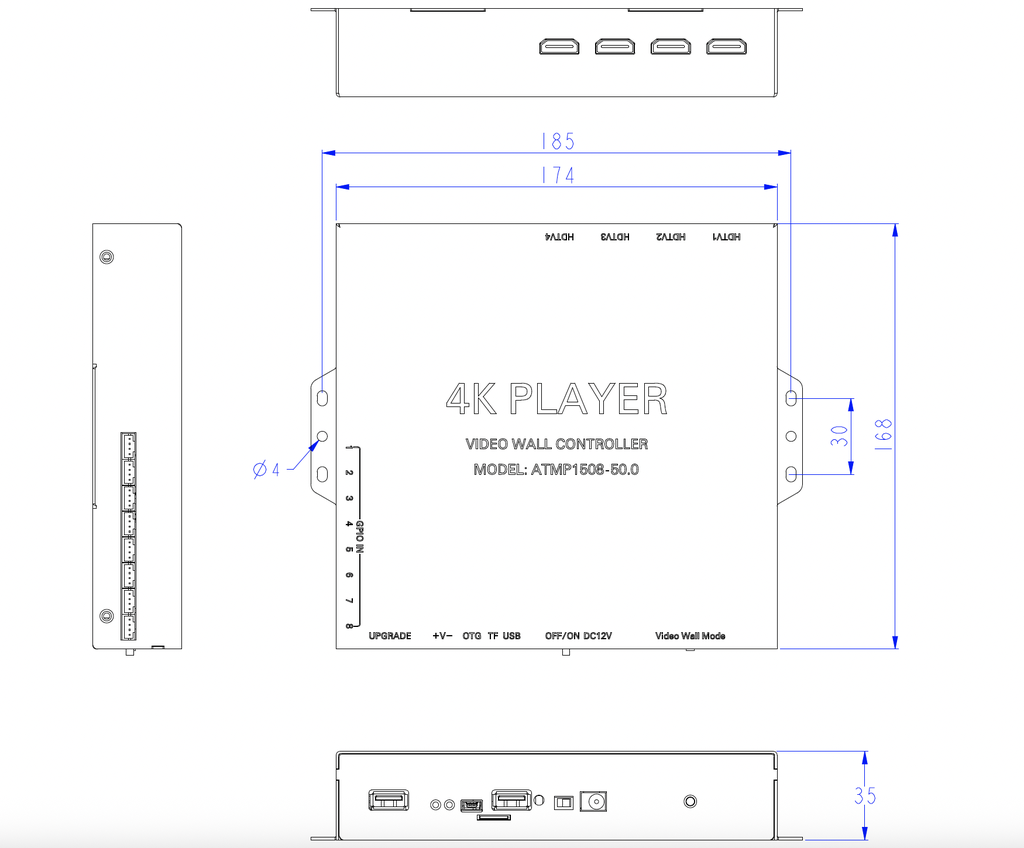 VideoWall 4K Mediaplayer + 8x Pusbbutton inputs