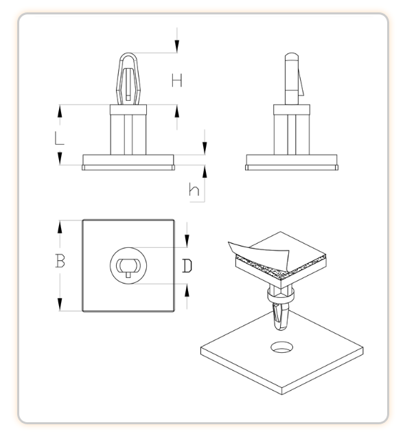 Pin for PCB Mounting - Lock-In support with Adhesive base, Plastic.