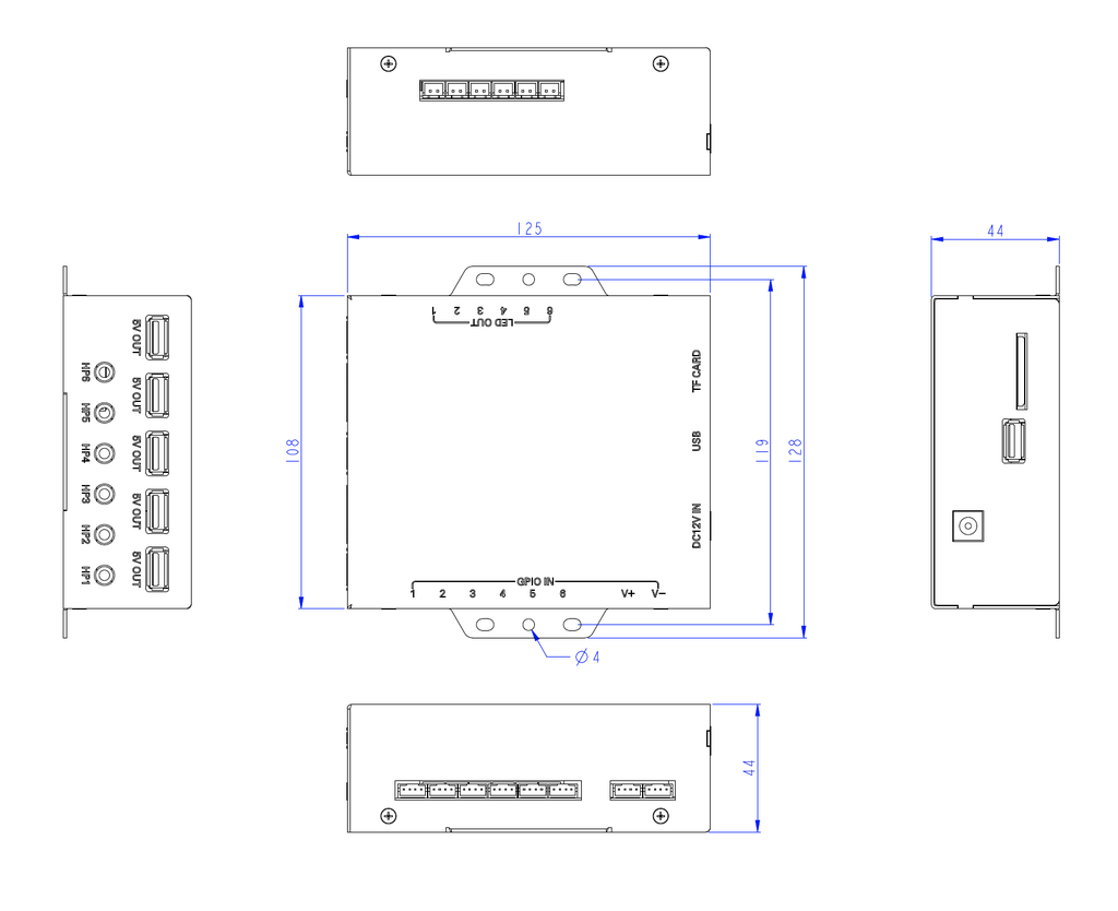 AudioBoard with Multi Output Jacks (6x) and USB Out (6x) & Connect external PressButtons (8x) + LED strips (6x) - Metal Housing