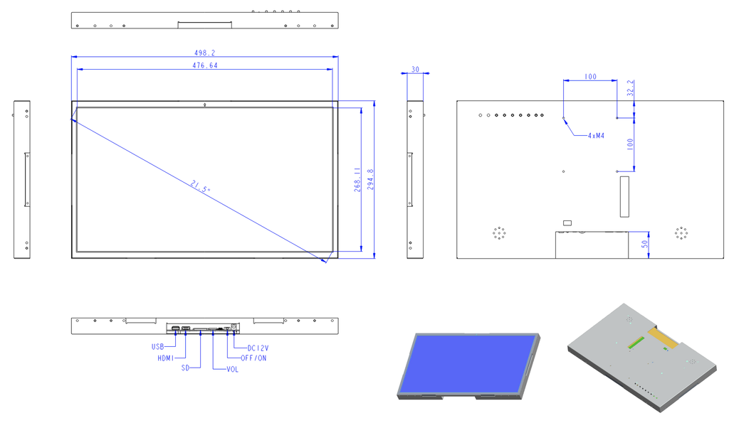 21.5inch MonitorScreen 4GB - Open Metal Frame - NoStrips - 5CM PCB in Housing