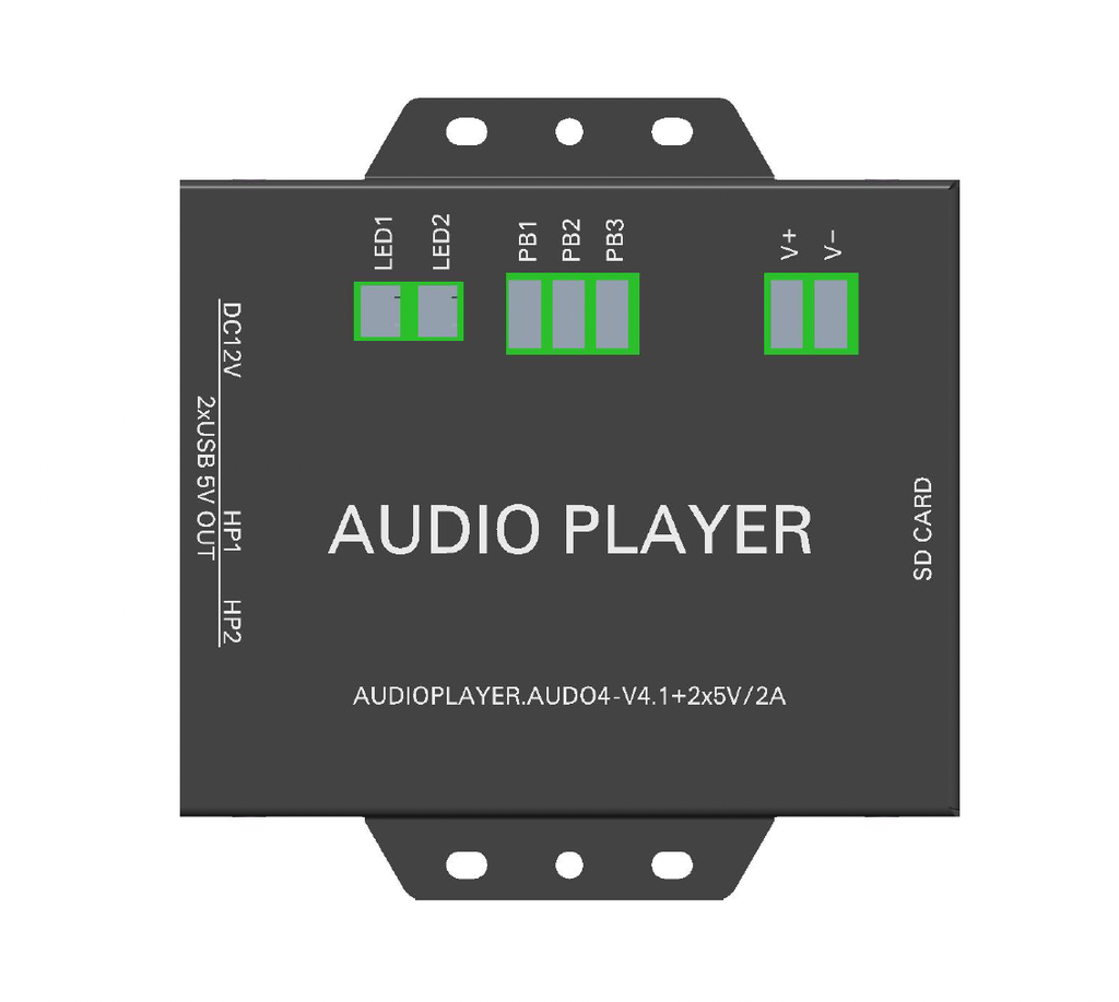 AudioPlayer AUD04 with 2x AUX + 2x LED out + 6x Pushbutton