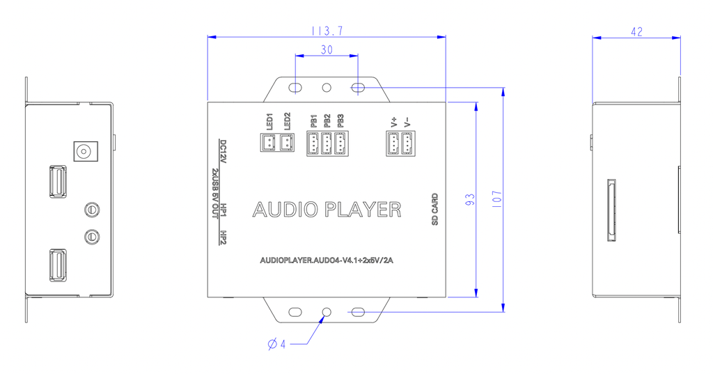 AudioPlayer AUD04 with 2x AUX + 2x LED out + 6x Pushbutton